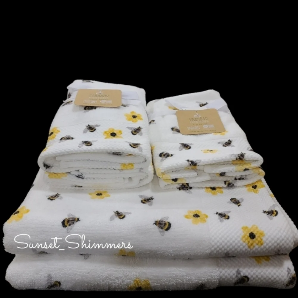 6pc Bath Hand Tip Towels Deborah Connolly Honey Bee Flowers Waffle Weave New